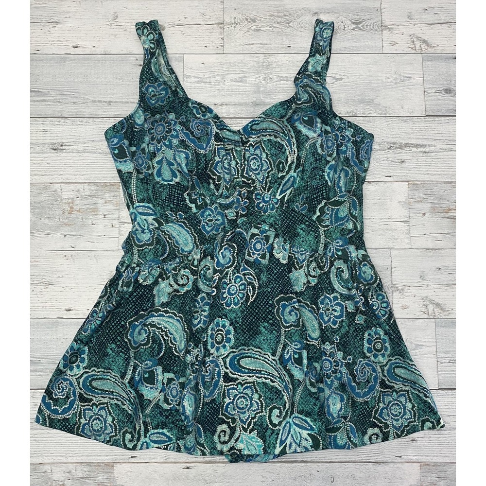 Maxine Swimdress Womens Plus 22W Green Paisley Tank One Piece Lined Padded